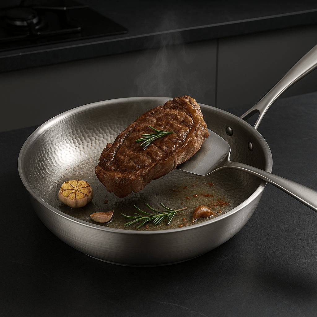 Stainless Steel Frying Pan Uncoated Hammered Brushed Ergonomic Handle - Image 4