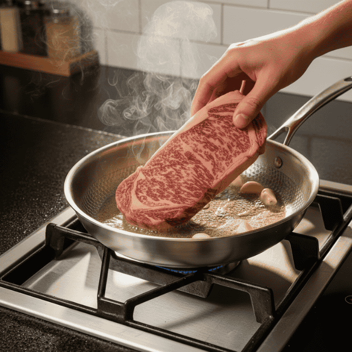 Stainless Steel Frying Pan Uncoated Hammered Brushed Ergonomic Handle - Image 5