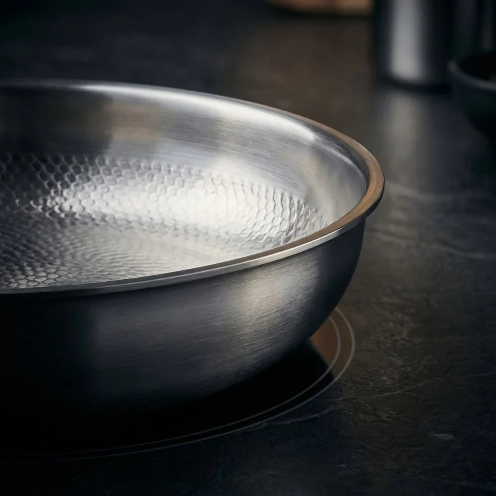 Stainless Steel Frying Pan with Hammered Interior and Glass Lid - Image 4