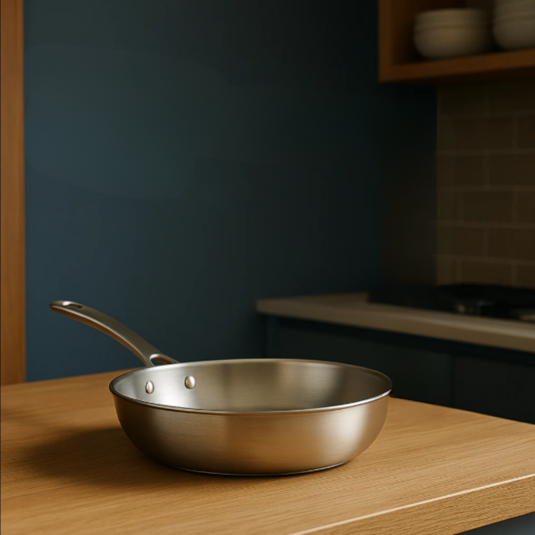 Stainless Steel Frying Pan with Induction Base Hammered Interior and Ergonomic Handle - Image 1