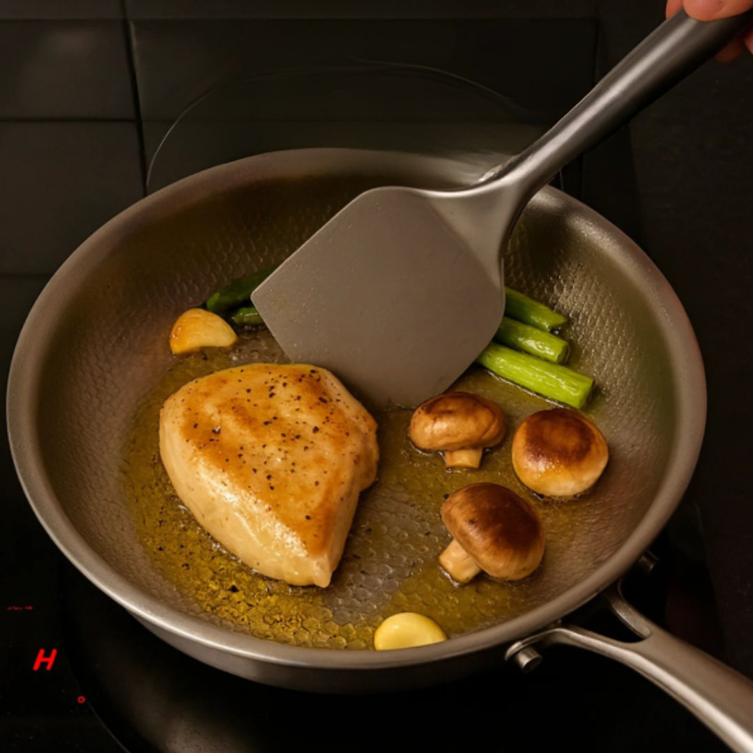 Stainless Steel Frying Pan with Induction Base Hammered Interior and Ergonomic Handle - Image 4