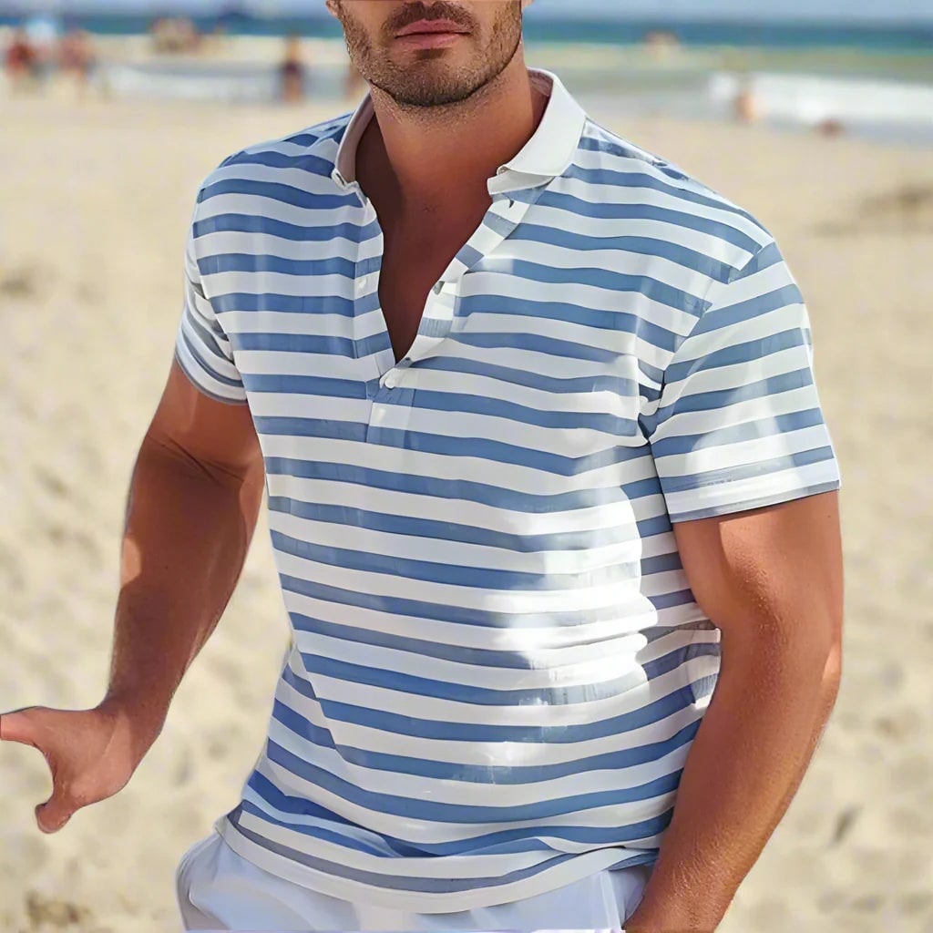 Striped Polo Shirt Mens Short Sleeve Casual Button Up Collar Regular Fit - Image 1