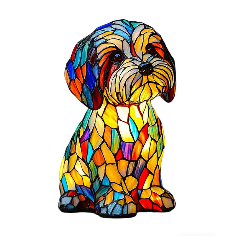 Table Lamp Animal Dog Stained Glass Mosaic Resin Illuminated Night Light - Image 1