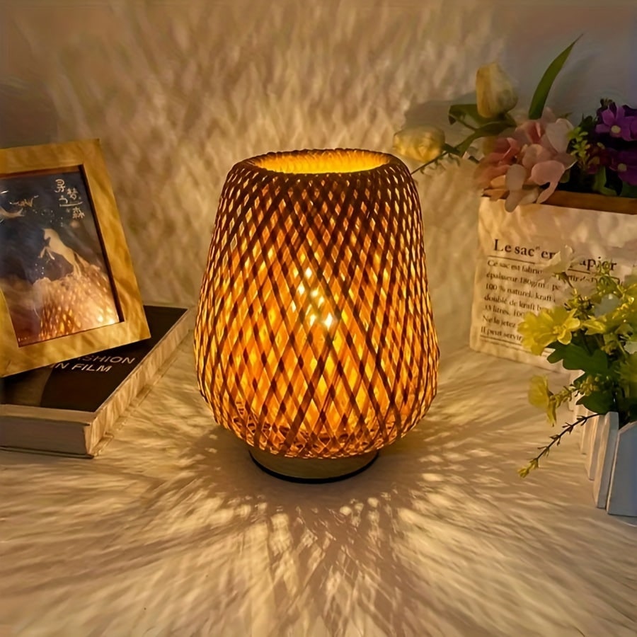 Table Lamp Bedside Bamboo Woven USB LED Wooden Base Powered - Image 2