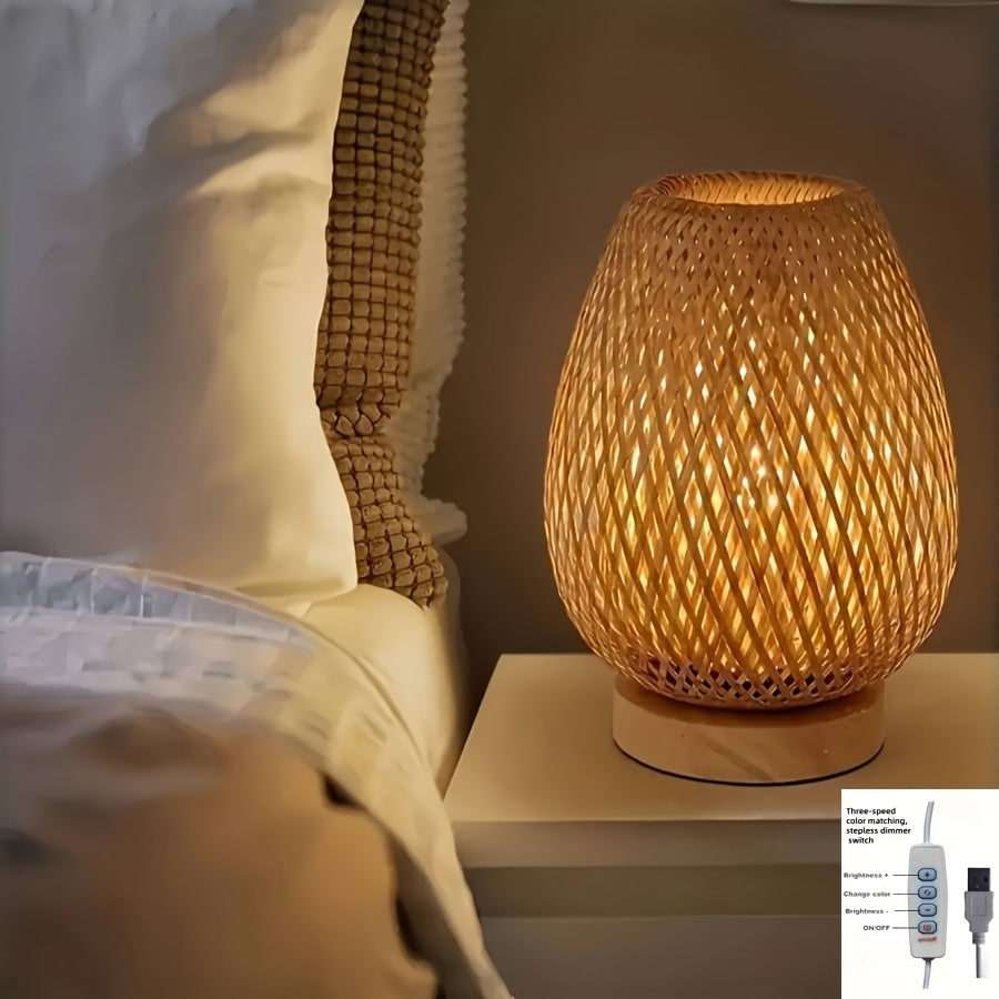 Table Lamp Bedside Bamboo Woven USB LED Wooden Base Powered - Image 3