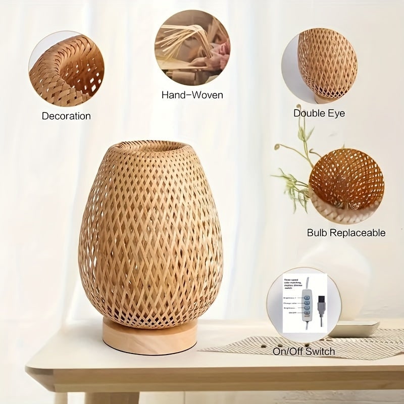 Table Lamp Bedside Bamboo Woven USB LED Wooden Base Powered - Image 4