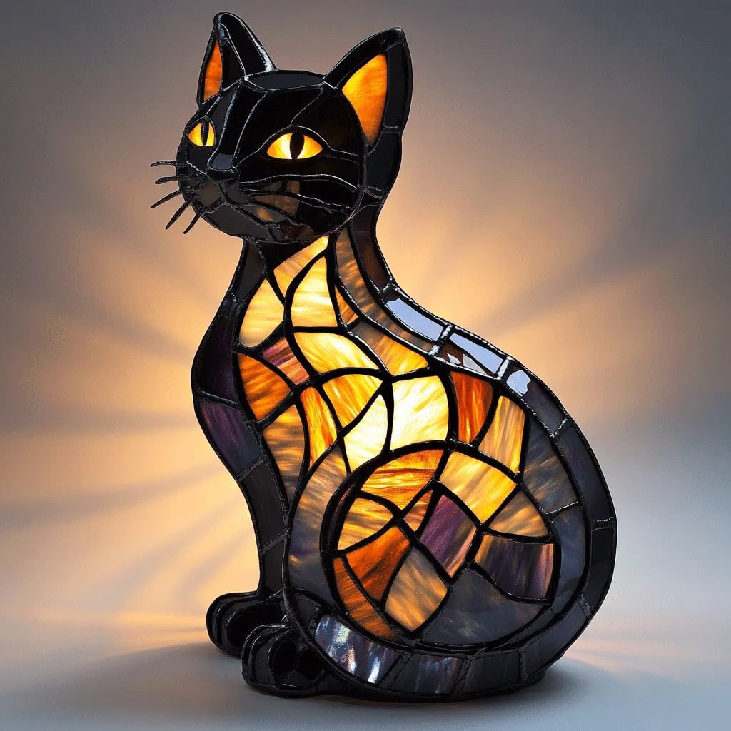 Table Lamp Stained Glass Cat Glowing Eyes Multicolored Decorative - Image 1