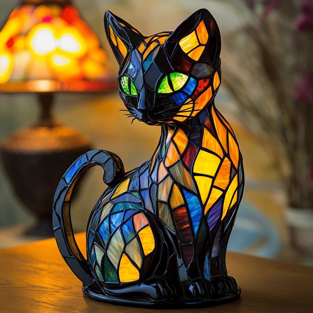Table Lamp Stained Glass Cat Glowing Eyes Multicolored Decorative - Image 2