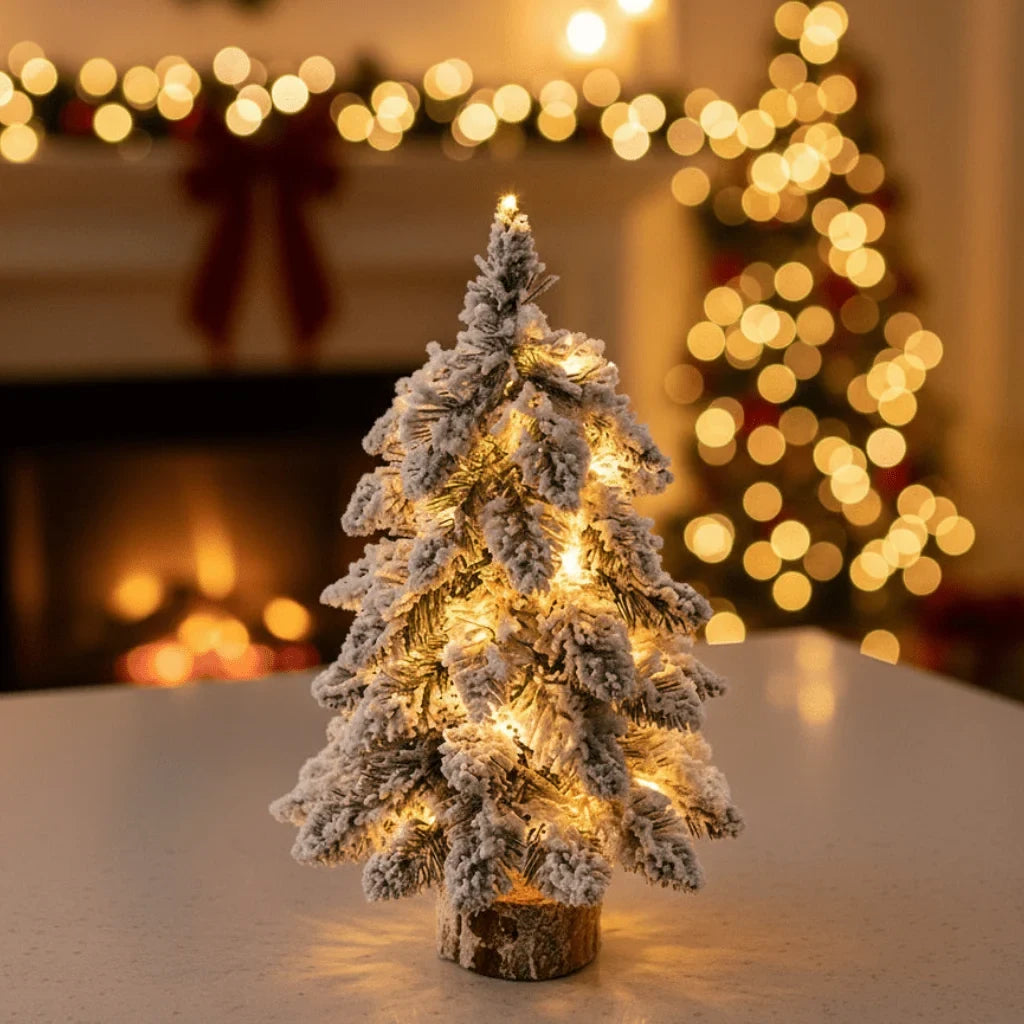 Tabletop Christmas Tree with LED Lights Flocked Branches and Rustic Wood Base - Image 1