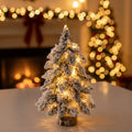 Tabletop Christmas Tree with LED Lights Flocked Branches and Rustic Wood Base - Image 1