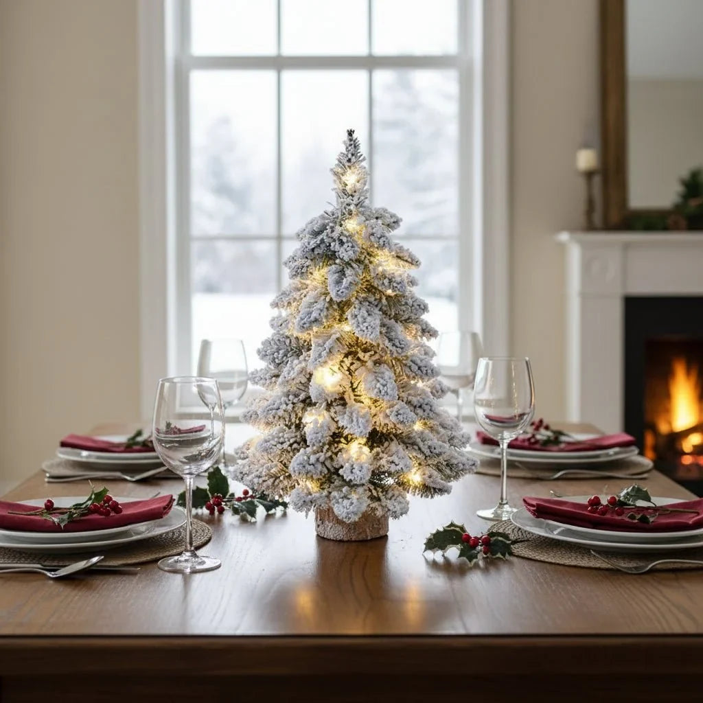 Tabletop Christmas Tree with LED Lights Flocked Branches and Rustic Wood Base - Image 2