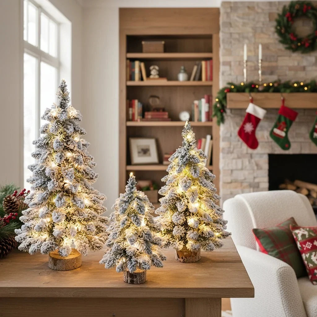 Tabletop Christmas Tree with LED Lights Flocked Branches and Rustic Wood Base - Image 3