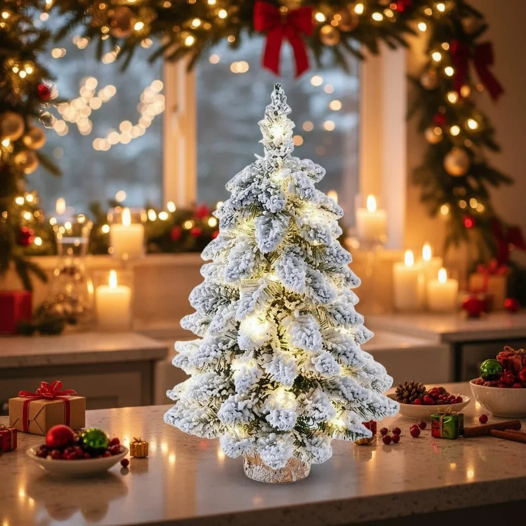 Tabletop Christmas Tree with LED Lights Flocked Branches and Rustic Wood Base - Image 4