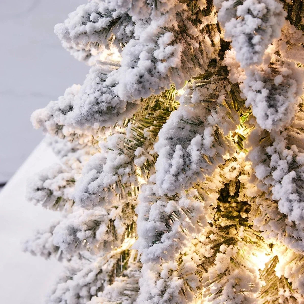 Tabletop Christmas Tree with LED Lights Flocked Branches and Rustic Wood Base - Image 5