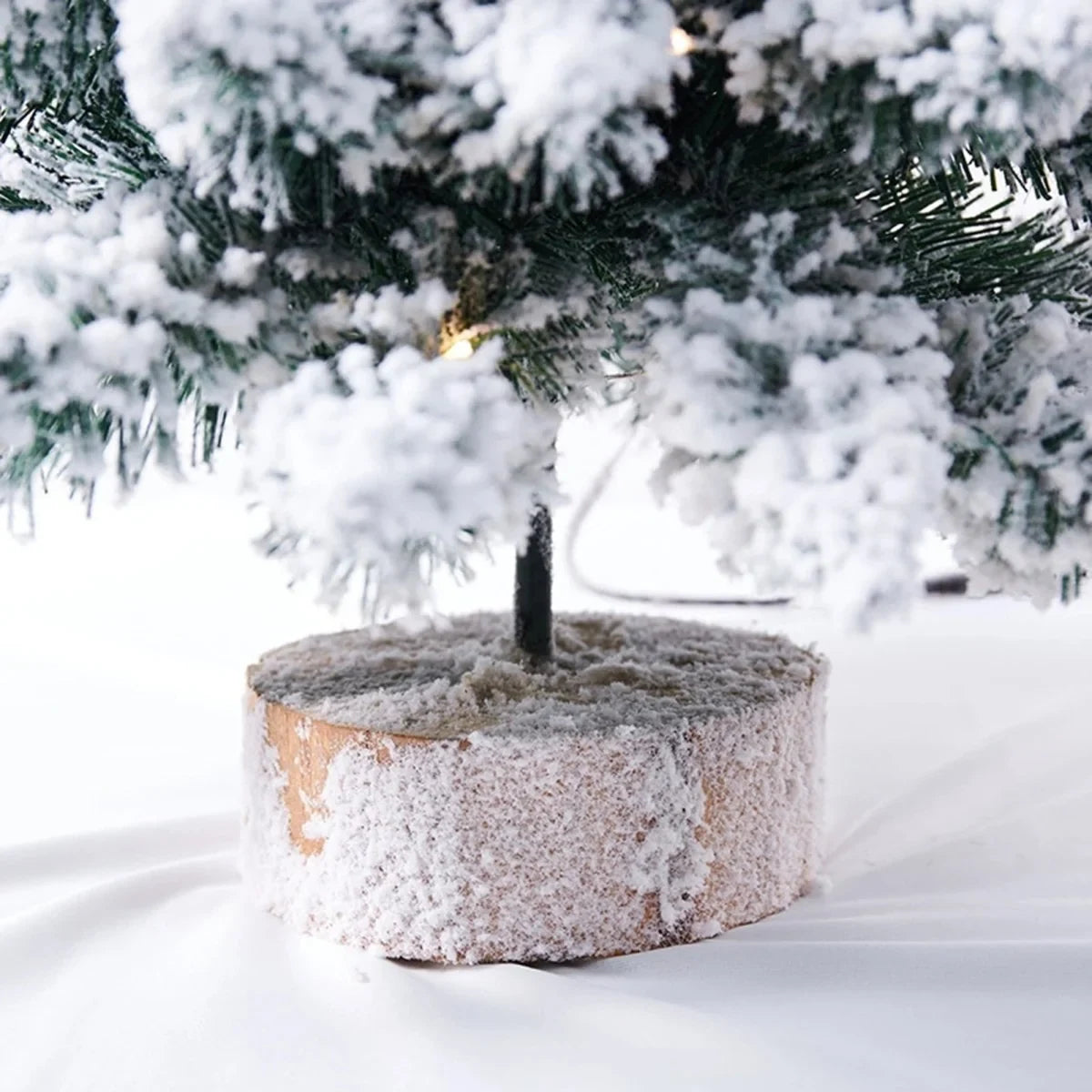 Tabletop Christmas Tree with LED Lights Flocked Branches and Rustic Wood Base - Image 6