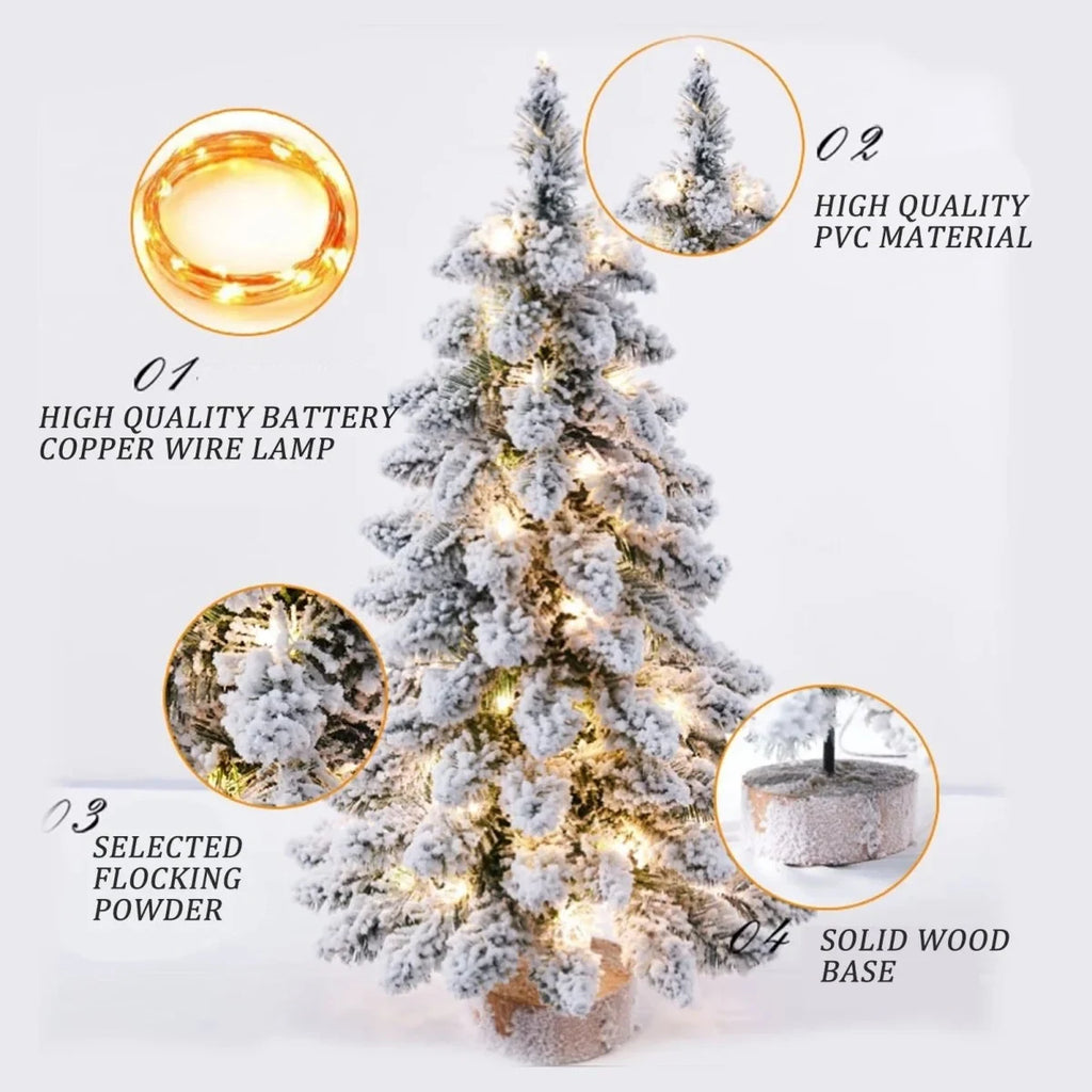 Tabletop Christmas Tree with LED Lights Flocked Branches and Rustic Wood Base - Image 7