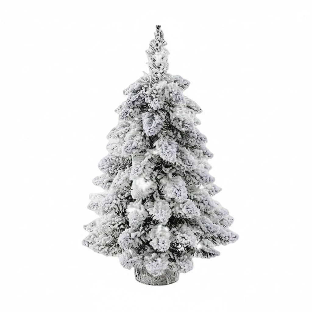 Tabletop Christmas Tree with LED Lights Flocked Branches and Rustic Wood Base - Image 8
