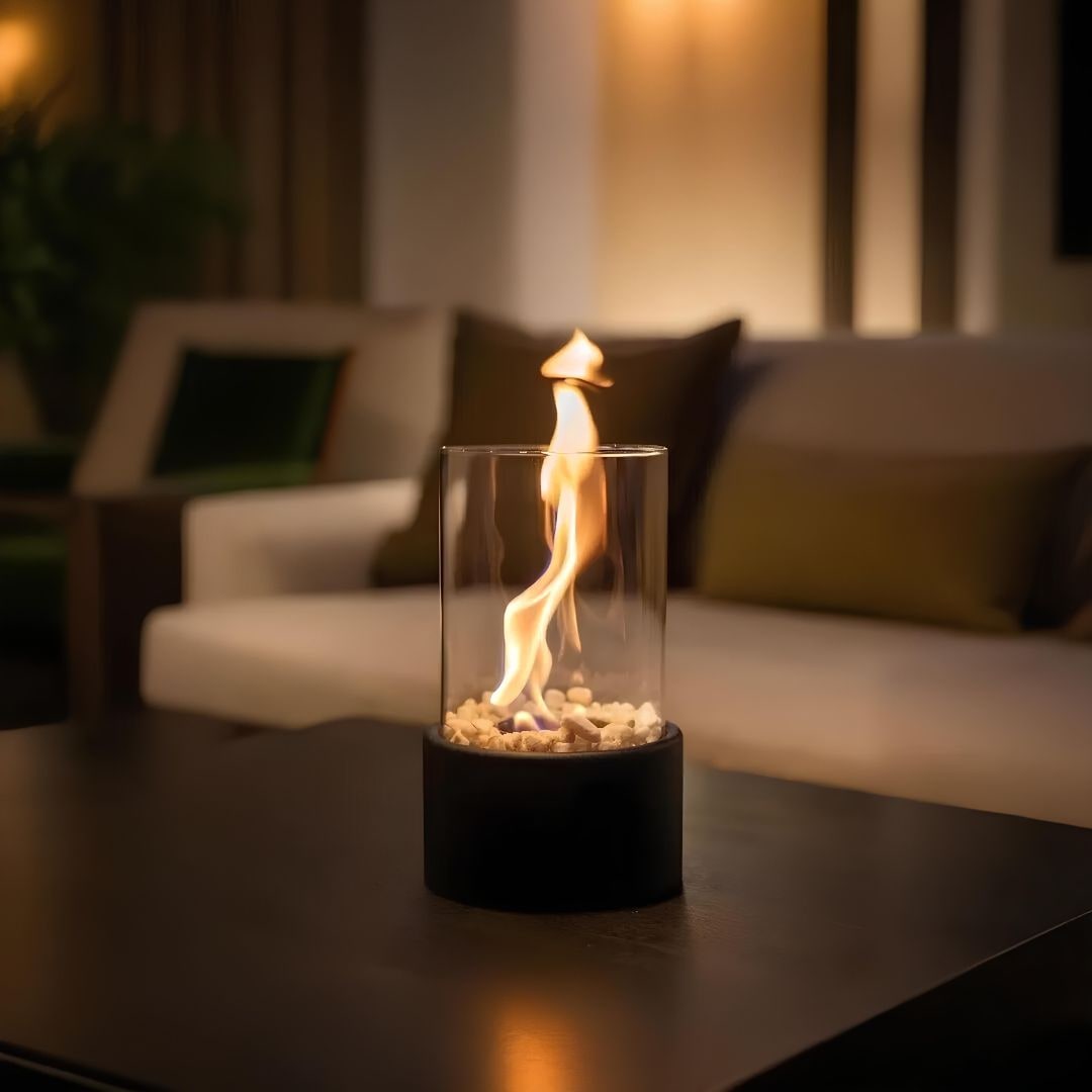 Tabletop Fire Pit Fireplace Bioethanol Glass Cylinder Pebbles Portable Ethanol - Image 1