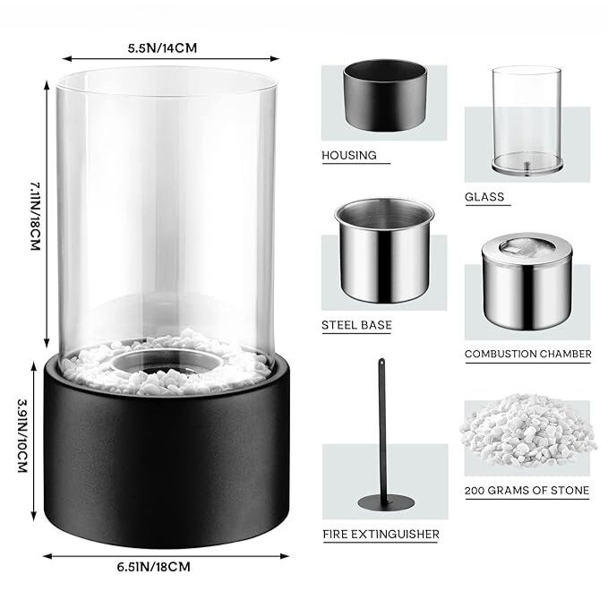 Tabletop Fire Pit Fireplace Bioethanol Glass Cylinder Pebbles Portable Ethanol - Image 13