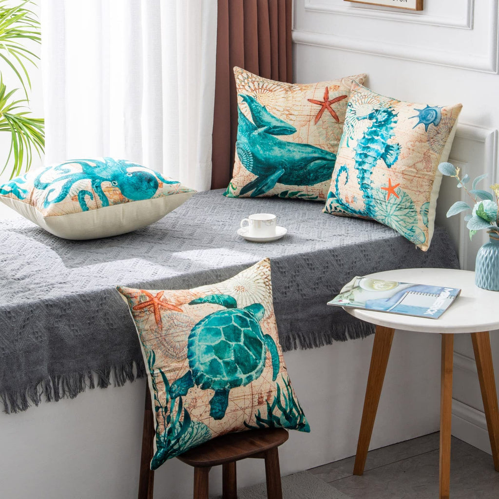 Throw Pillow Covers and Couch Cushion with Decorative Marine Life Prints Square Linen Set of 4 - Image 1