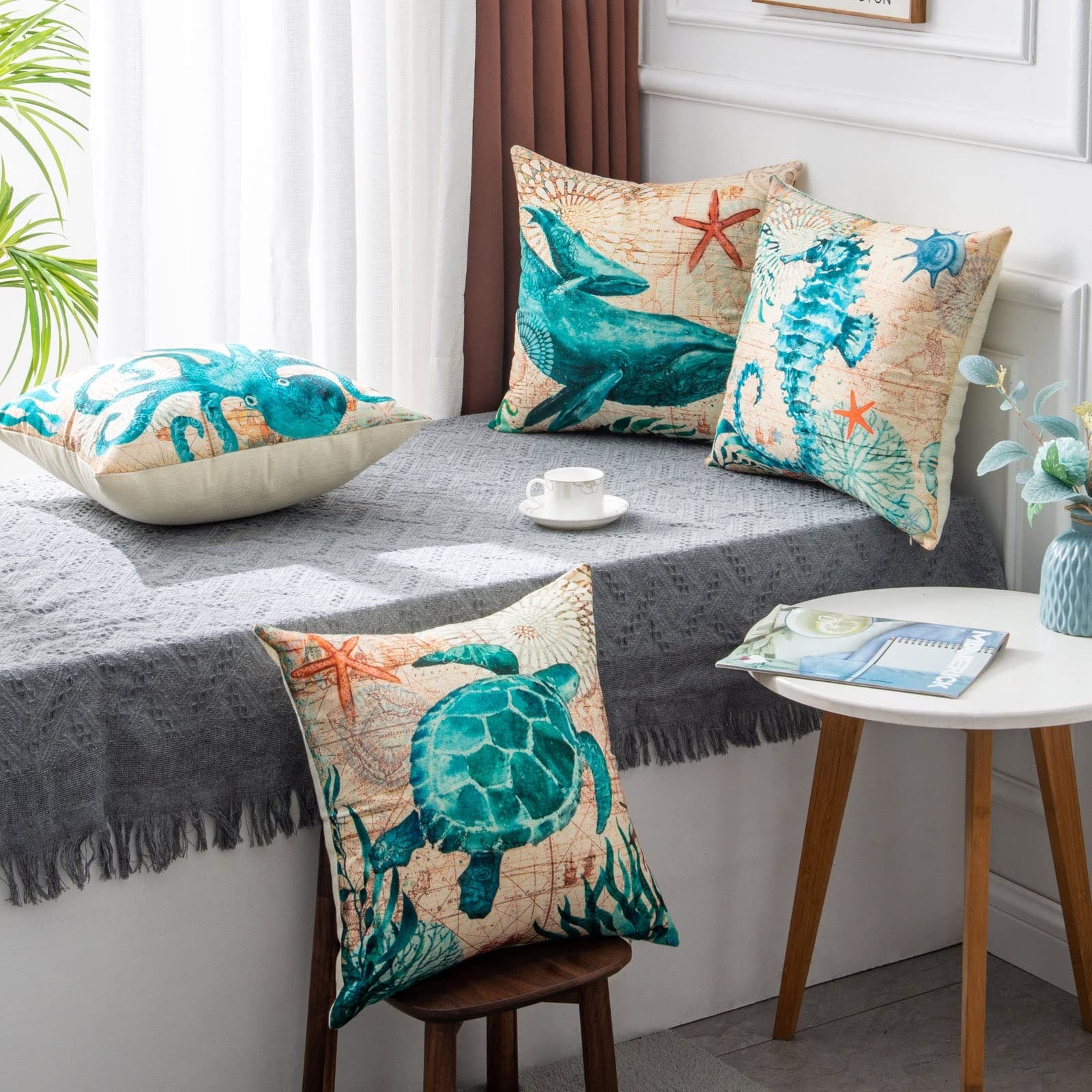 Throw Pillow Covers and Couch Cushion with Decorative Marine Life Prints Square Linen Set of 4 - Image 1
