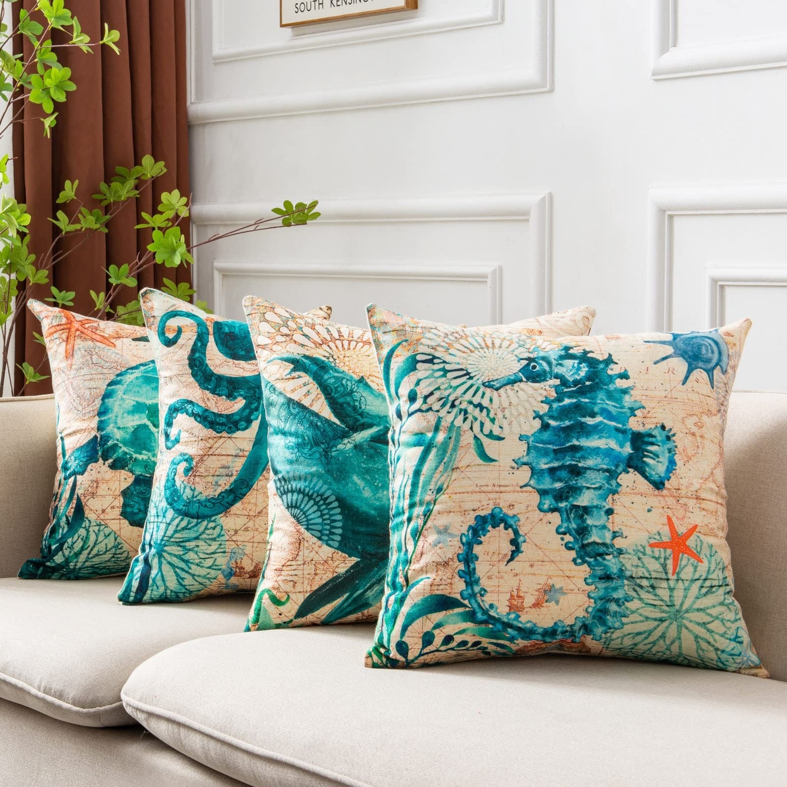 Throw Pillow Covers and Couch Cushion with Decorative Marine Life Prints Square Linen Set of 4 - Image 11