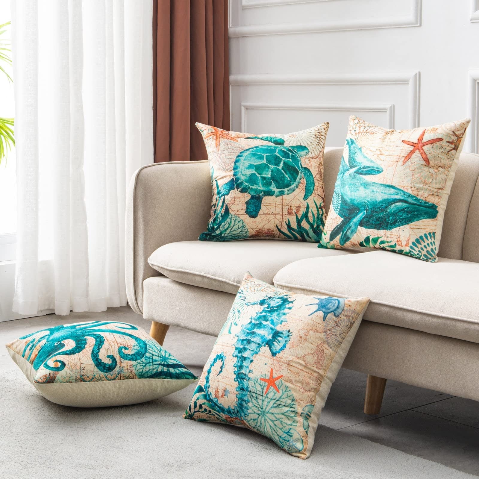 Throw Pillow Covers and Couch Cushion with Decorative Marine Life Prints Square Linen Set of 4 - Image 12