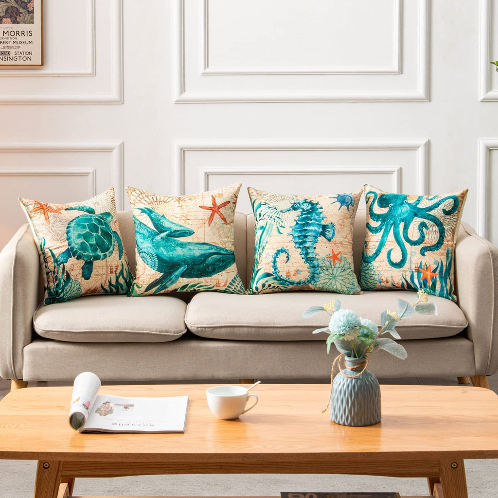 Throw Pillow Covers and Couch Cushion with Decorative Marine Life Prints Square Linen Set of 4 - Image 14
