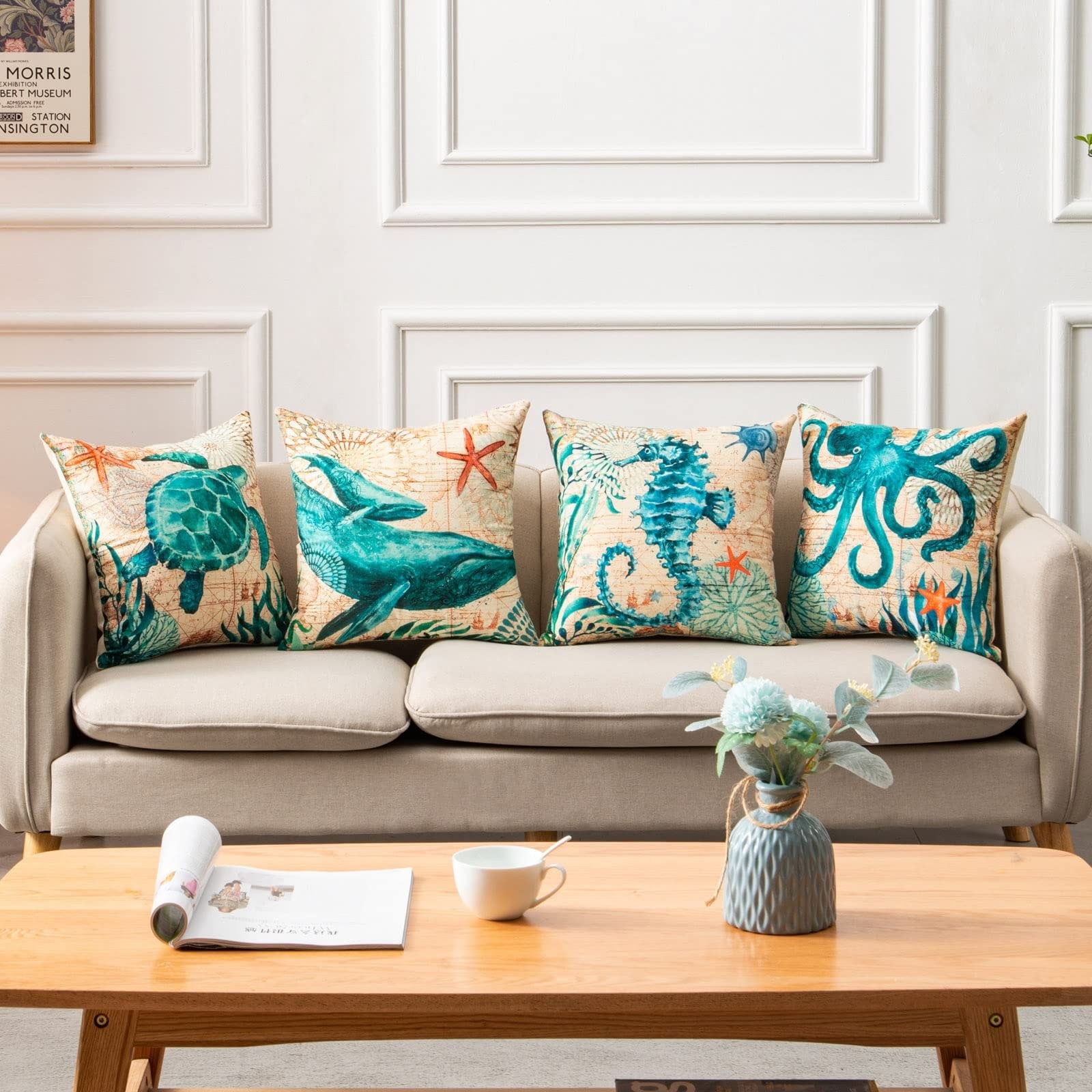 Throw Pillow Covers and Couch Cushion with Decorative Marine Life Prints Square Linen Set of 4 - Image 14