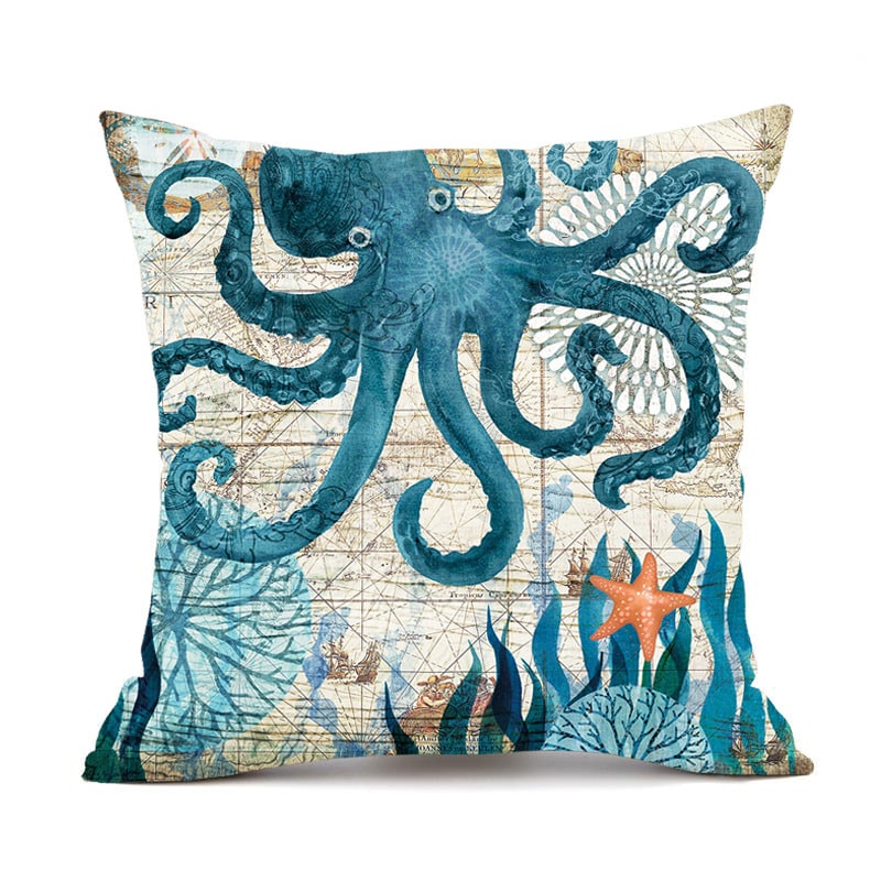 Throw Pillow Covers and Couch Cushion with Decorative Marine Life Prints Square Linen Set of 4 - Image 15