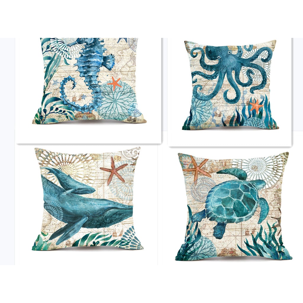 Throw Pillow Covers and Couch Cushion with Decorative Marine Life Prints Square Linen Set of 4 - Image 16
