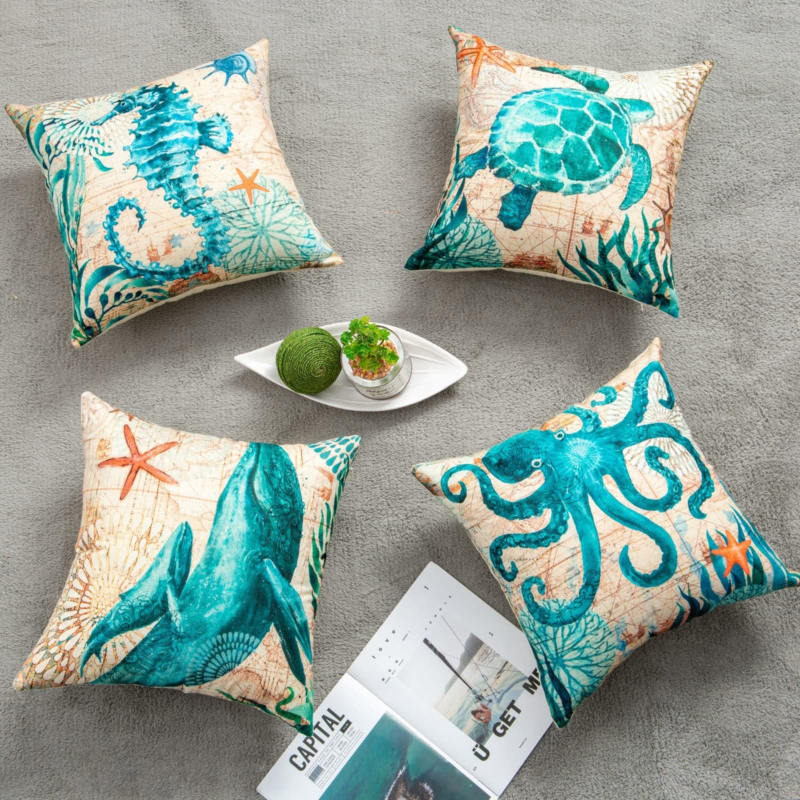 Throw Pillow Covers and Couch Cushion with Decorative Marine Life Prints Square Linen Set of 4 - Image 19