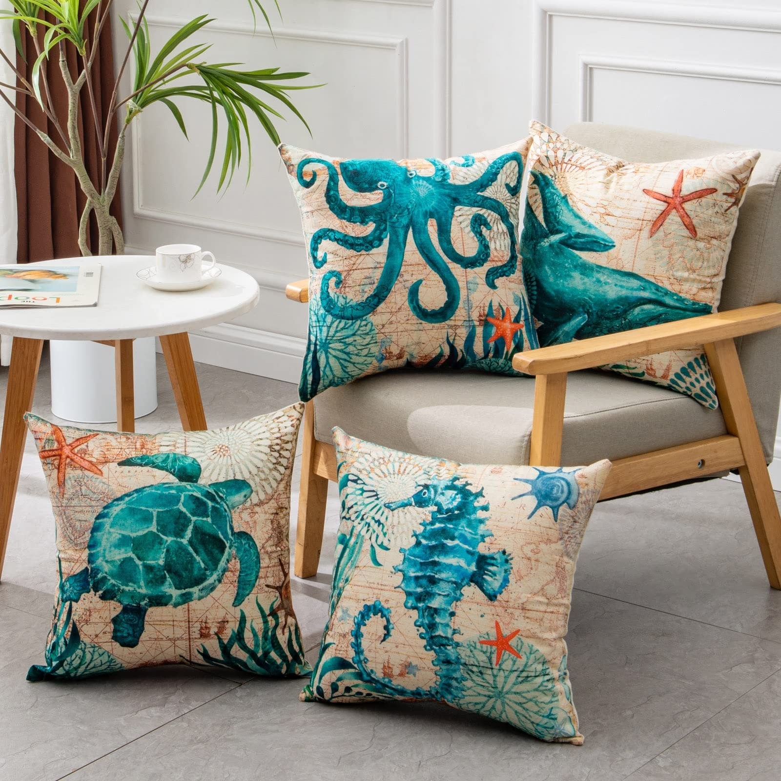 Throw Pillow Covers and Couch Cushion with Decorative Marine Life Prints Square Linen Set of 4 - Image 2