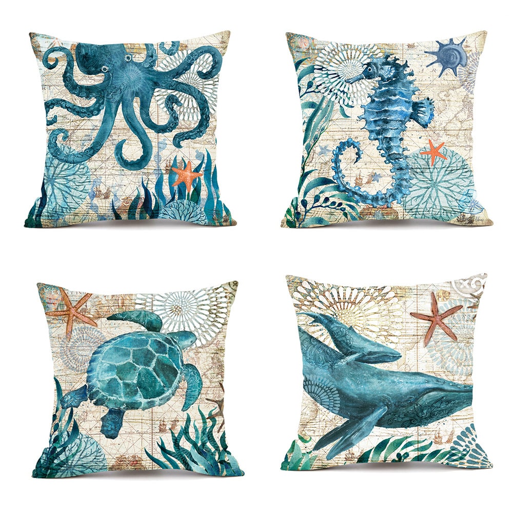 Throw Pillow Covers and Couch Cushion with Decorative Marine Life Prints Square Linen Set of 4 - Image 3