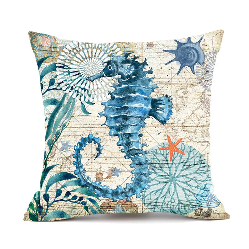 Throw Pillow Covers and Couch Cushion with Decorative Marine Life Prints Square Linen Set of 4 - Image 4