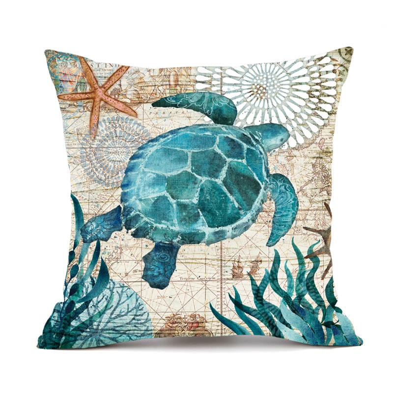 Throw Pillow Covers and Couch Cushion with Decorative Marine Life Prints Square Linen Set of 4 - Image 5