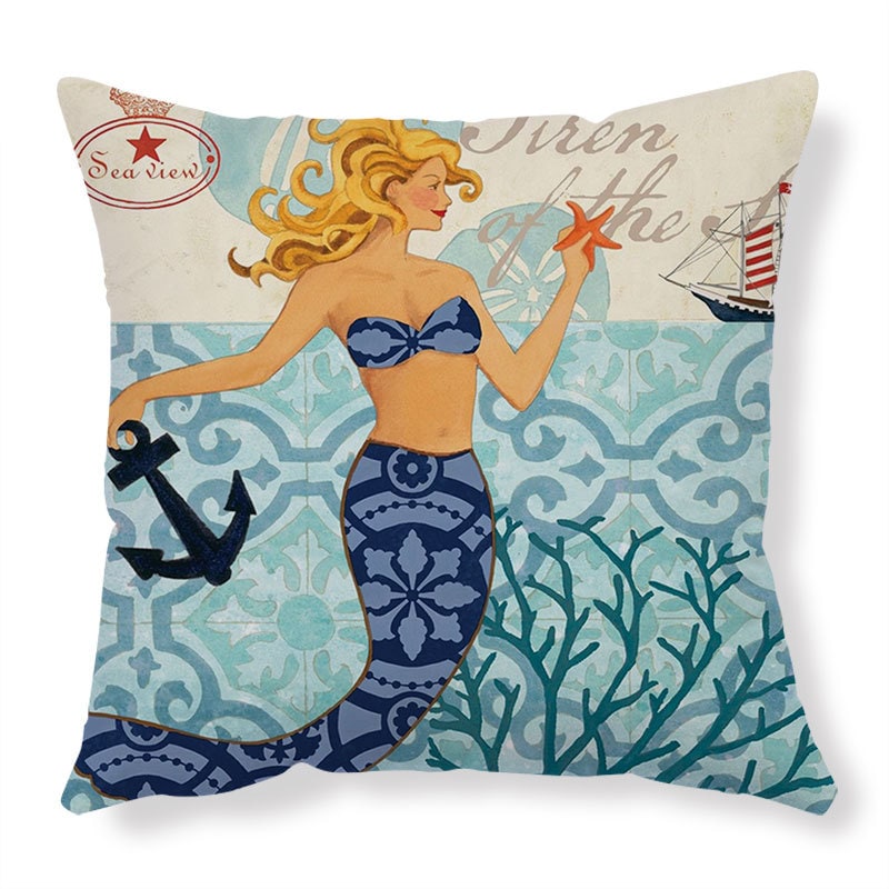 Throw Pillow Covers and Couch Cushion with Decorative Marine Life Prints Square Linen Set of 4 - Image 6