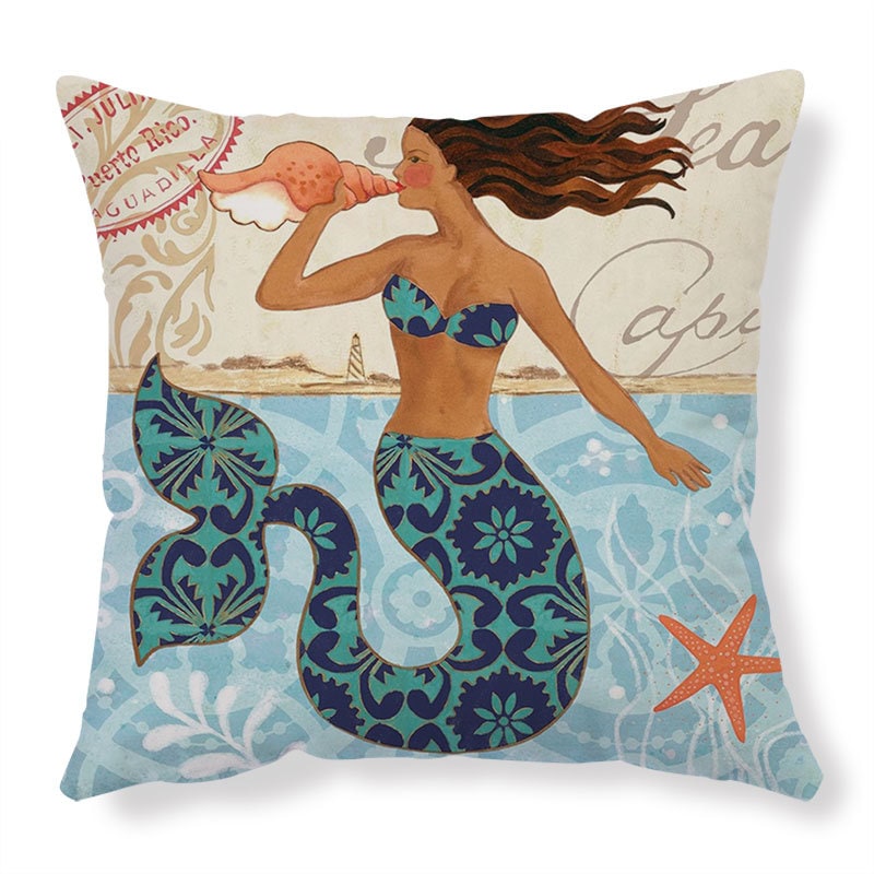 Throw Pillow Covers and Couch Cushion with Decorative Marine Life Prints Square Linen Set of 4 - Image 8