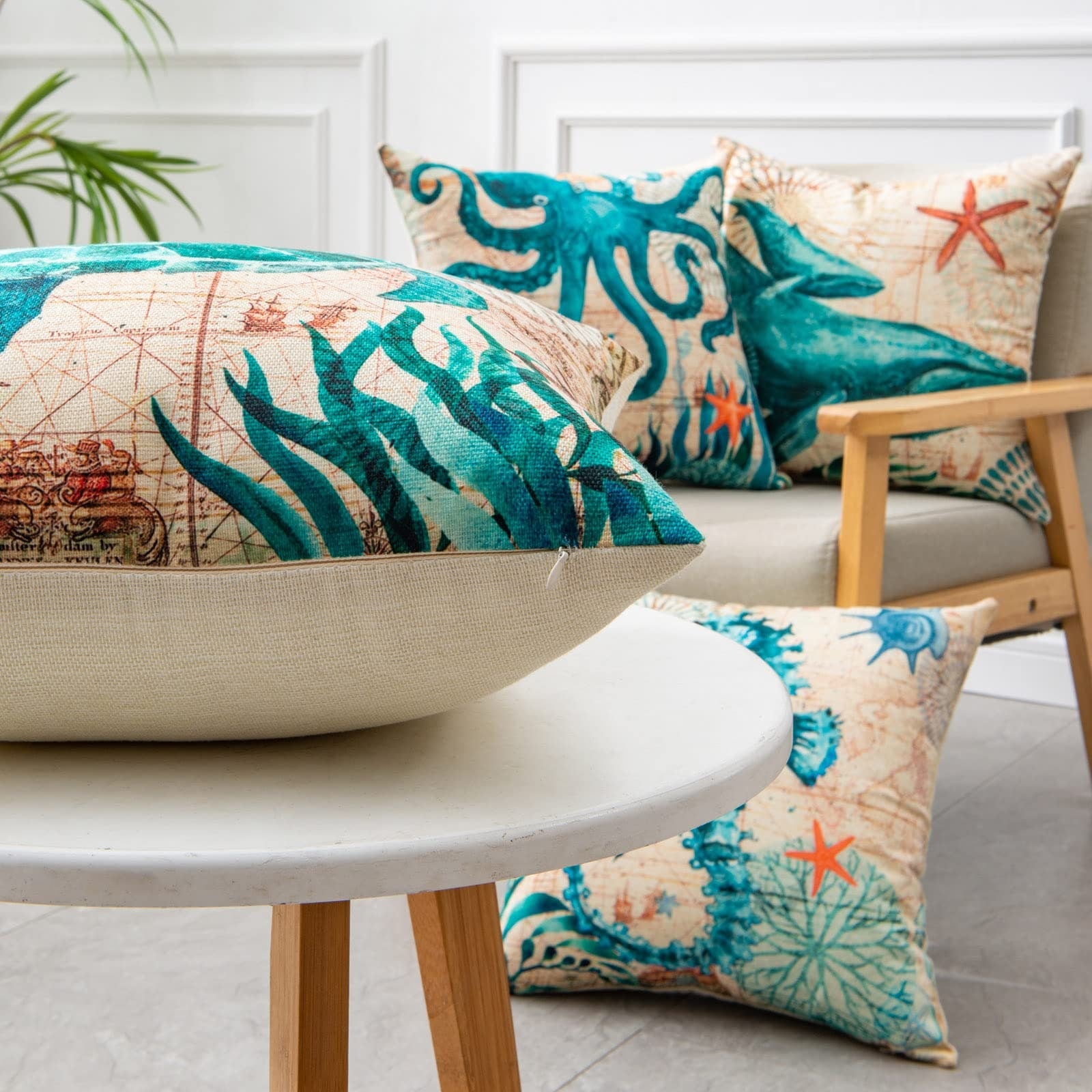 Throw Pillow Covers and Couch Cushion with Decorative Marine Life Prints Square Linen Set of 4 - Image 9