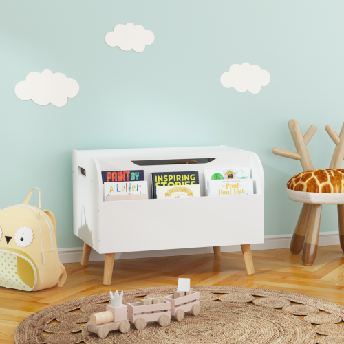 Toy Box Storage Bench with Wooden Organizer Front Bookshelf and Hinged Lid Childrens - Image 1