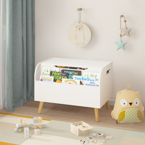 Toy Box Storage Bench with Wooden Organizer Front Bookshelf and Hinged Lid Childrens - Image 11