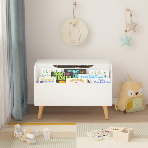 Toy Box Storage Bench with Wooden Organizer Front Bookshelf and Hinged Lid Childrens - Image 3