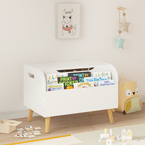 Toy Box Storage Bench with Wooden Organizer Front Bookshelf and Hinged Lid Childrens - Image 5