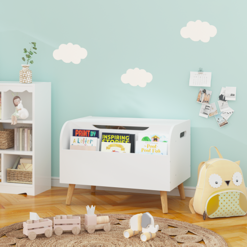 Toy Box Storage Bench with Wooden Organizer Front Bookshelf and Hinged Lid Childrens - Image 7