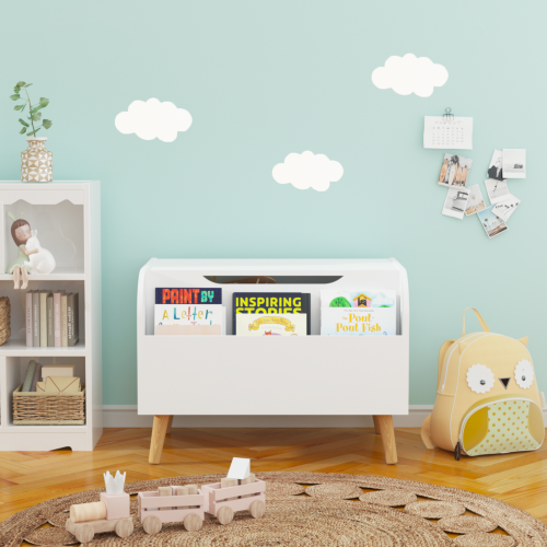 Toy Box Storage Bench with Wooden Organizer Front Bookshelf and Hinged Lid Childrens - Image 8