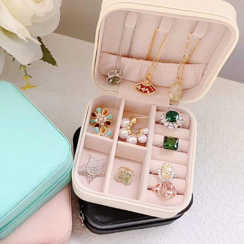Travel Jewelry Organizer Case with Storage Box Compact Closure and Padded Ring Rolls - Image 2