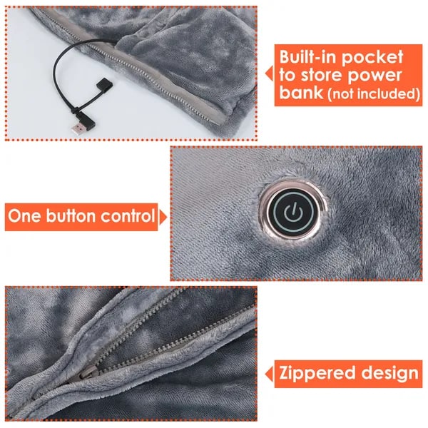 USB Heated Wearable Blanket Shawl with Zipper Eight Heating Zones Soft Fleece 59 X 31 Inches - Image 4