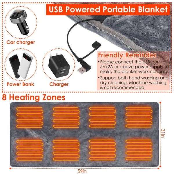 USB Heated Wearable Blanket Shawl with Zipper Eight Heating Zones Soft Fleece 59 X 31 Inches - Image 5