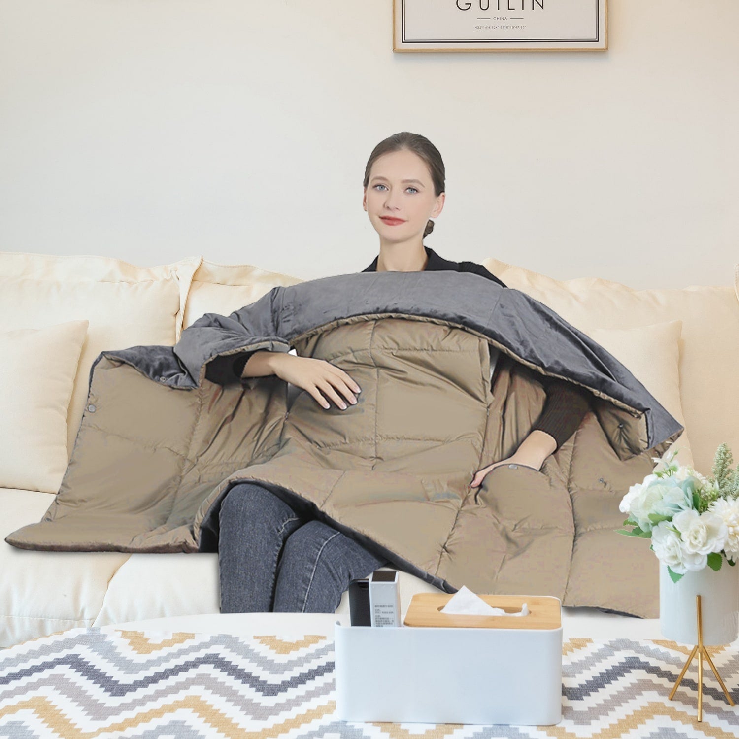 USB Wearable Heated Blanket with Zipper Armholes Dual Controls and 6 Heating Zones - Image 13