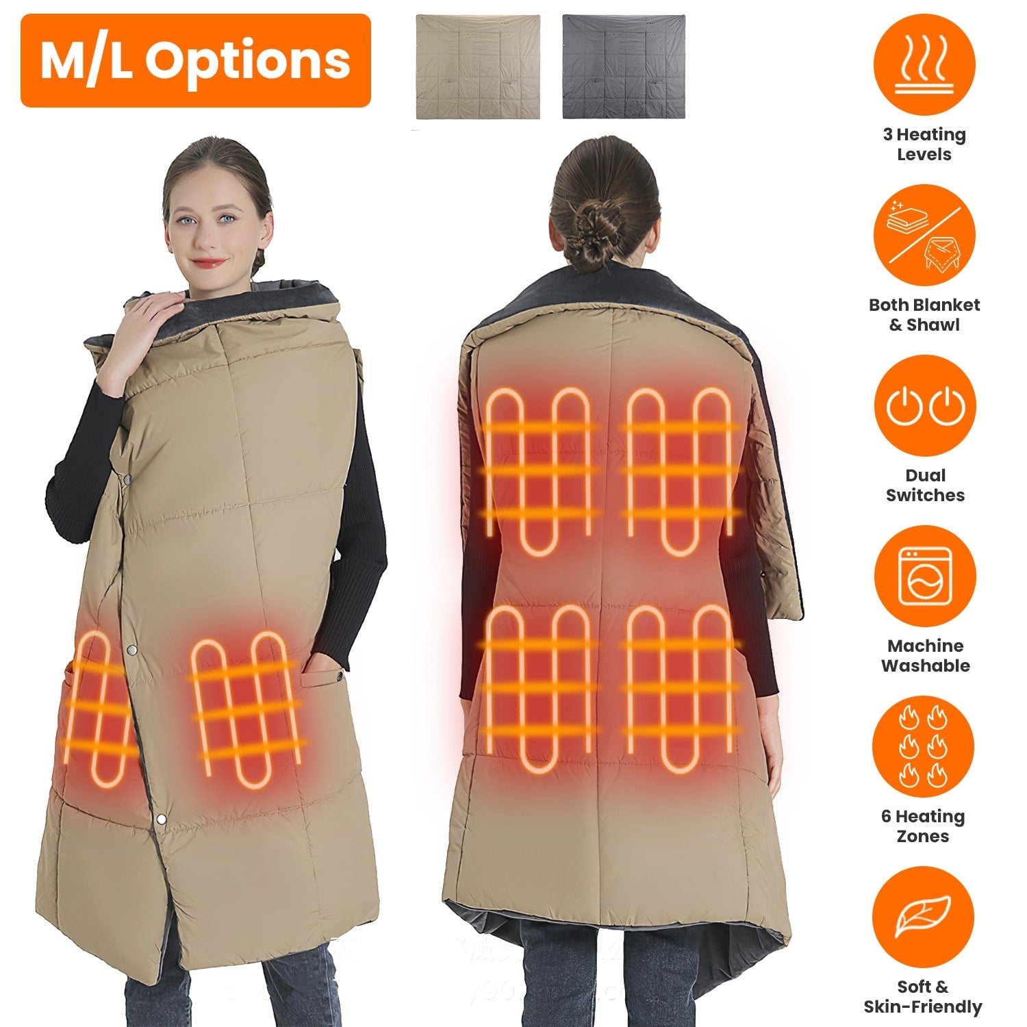 USB Wearable Heated Blanket with Zipper Armholes Dual Controls and 6 Heating Zones - Image 14